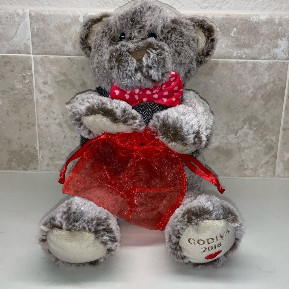 Godiva Valentine’s Day Bear 2018 Limited Edition Gray Plush with Vest and Bow